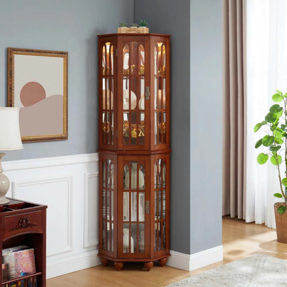 H3c676f8b6ba14f79828a8849e1659c69z.webp Goldoma corner curio cabinet with tempered glass shelves and built-in lighting in walnut finish