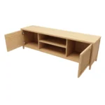 Goldoma mid-century modern bamboo TV stand with metal shelves for 60-64 inch TVs in a living room