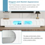 Goldoma Mid-Century Modern TV Stand with fluted glass doors and LED lights in white wood finish