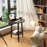 Solid beech wood nightstand with lower shelf - round modern end table for small spaces