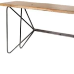 Solid acacia console table with live edge and black iron geometric base in an entryway