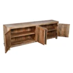 Goldoma 86" solid wood TV stand with hand-carved floral details and distressed finish in natural wood tone