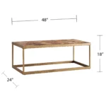 Natural solid wood coffee table with metal base in a living room setting