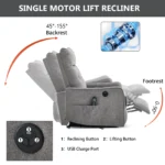 Goldoma power lift recliner in light grey chenille upholstery with massage and heat, showing reclined position and side USB ports