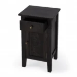 Natural brown solid wood end table with door and drawer for rustic living room storage
