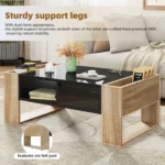 Goldoma high gloss coffee table with drawers and hidden compartment in black and wood grain finish for modern living room