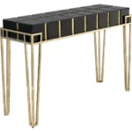 Black and gold mirrored glass console table 47 inch with gold hairpin legs in entryway decor setting