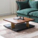 Goldoma modern coffee table in stainless steel and wood with square top and oval side shelf for living room