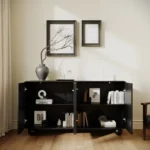 Modern buffet sideboard with four sunburst doors and solid wood legs in a living room setting