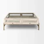 Goldoma 44 inch off-white glass top shadowbox coffee table with two drawers and gold legs in living room