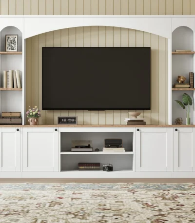 Goldoma wood TV stand for TVs up to 70 inches with adjustable shelves and wood grain storage in living room