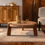 Goldoma round wood coffee table in farmhouse wabi sabi style with natural finish