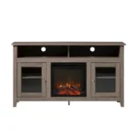Goldoma 58-inch tall TV stand with fireplace in driftwood finish holding a TV, showcasing rustic design and electric LED flames