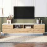 Goldoma Modern TV Stand for TVs up to 80" with Multi-Functional Storage and Door Rebound Device - White and Natural – in a