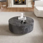 Modern round coffee table with drawer featuring marble pattern finish and solid wood legs - Goldoma