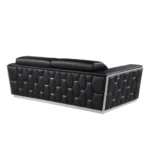 Genuine leather sectional sofa in black with silver trim, 89 inches wide, featuring tufted stitching and modern L-shape design