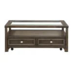 Goldoma brown adjustable console table with marble inset top and drawers in a modern living room setting