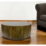 Goldoma 42-inch round solid wood coffee table with glass top in rustic brown for living room
