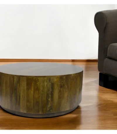 Goldoma 42-inch round solid wood coffee table with glass top in rustic brown for living room