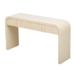 Modern rustic console table in entryway with decor items showcasing solid oak and cross-leg design