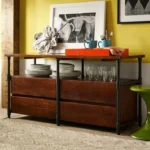 Mid century tv stand with solid wood construction and storage shelves in a modern living room