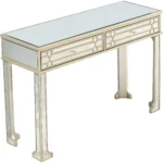 Goldoma Regal Feel Mirror Console Table in champagne with beveled mirror drawers and curved metal legs placed in a living room