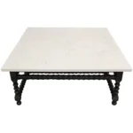 Goldoma 48 inch square genuine marble coffee table with white marble top and black wood base in living room