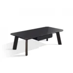 Goldoma 55-inch coffee table with drawer in ebony and dark brown wood with stainless steel base in living room