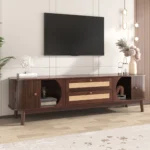 Goldoma modern farmhouse rattan TV stand for TVs up to 75 inches with solid wood legs and storage cabinets