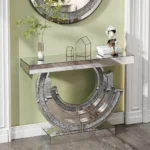 Goldoma modern console table with adjustable height in solid oak and tempered glass, perfect for entryway decor