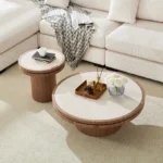 Goldoma 35.43 inch modern square coffee table with solid wood top and pedestal base in living room