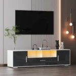 Gray TV stand with RGB lights for 65 inch TVs in a modern living room setting