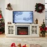 Goldoma 70 inch modern TV stand with electric fireplace and storage cabinet in warm oak black finish