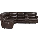 Dark brown power reclining sectional sofa with tufted back and square arms in a modern living room