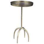 Distressed brass pedestal end table with round raised tray top and iron construction, perfect as accent side table for living room
