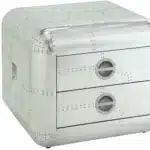 Goldoma 22" Silver Aluminum Aviator Trunk Style Square End Table with Two Drawers – styled in a modern Living Room Tables