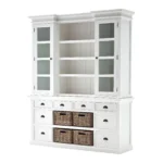 Goldoma 87" White Wood Bookcase with Glass Doors, Drawers & Baskets – styled in a modern Living Room Storage setting