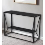 Goldoma 42-inch black glass console table with shelves in a modern entryway setting