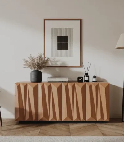 Modern buffet sideboard with four sunburst doors and solid wood legs in a living room setting