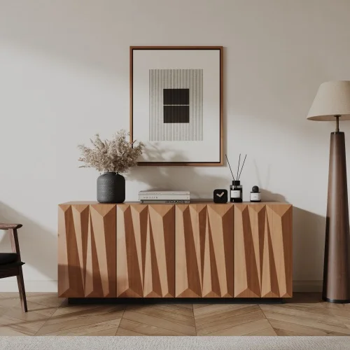 H425a4aefe1504a3a9197d9845ef682c3X.webp Modern buffet sideboard with four sunburst doors and solid wood legs in a living room setting