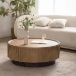 Goldoma mid-century modern round coffee table with carved wood design - solid wood coffee table for small living room