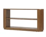 Goldoma solid wood console table with open shelves in a modern entryway