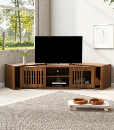 Goldoma mid-century walnut cat TV stand with extendable table and cat house