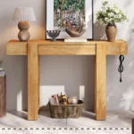Goldoma solid oak console table with hidden drawer and built-in power outlet in a modern entryway