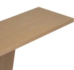 Modern solid wood console table with V-base and storage shelf in a living room