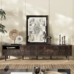 Goldoma mid-century modern wood TV stand for 65+ inch TVs with adjustable shelves and storage cabinets in natural wood finish