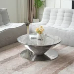 Goldoma modern marbling wood coffee table with round wood top and stainless steel base in a living room