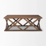 Goldoma 48-inch solid oak coffee table with wabi-sabi geometric lattice base and clear tempered glass top