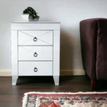 Modern silver console table with 3 drawers in living room setting - Goldoma silver console table