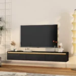 Goldoma floating floor mount TV stand with LED lights and power outlet for 65-inch TVs in high-gloss black finish